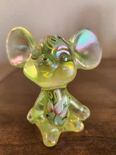 Fenton Hand Painted "Lily Trails" Topaz Opalescent Glass Mouse Figurine, Signed