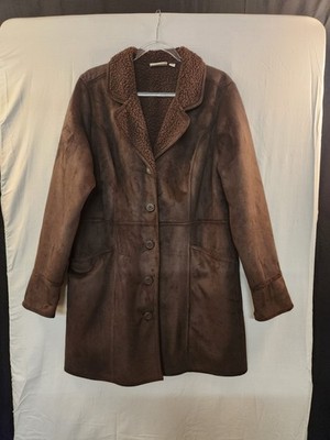 Denim & Co. Women's Brown Suede Sherpa Lined Coat Size L Velvety Plush Cozy Chic