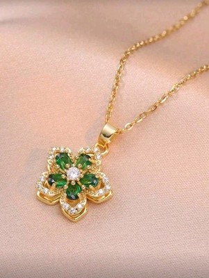 Gold-Plated Copper 5 Leaf Clover Rotating Necklace With Green Stones
