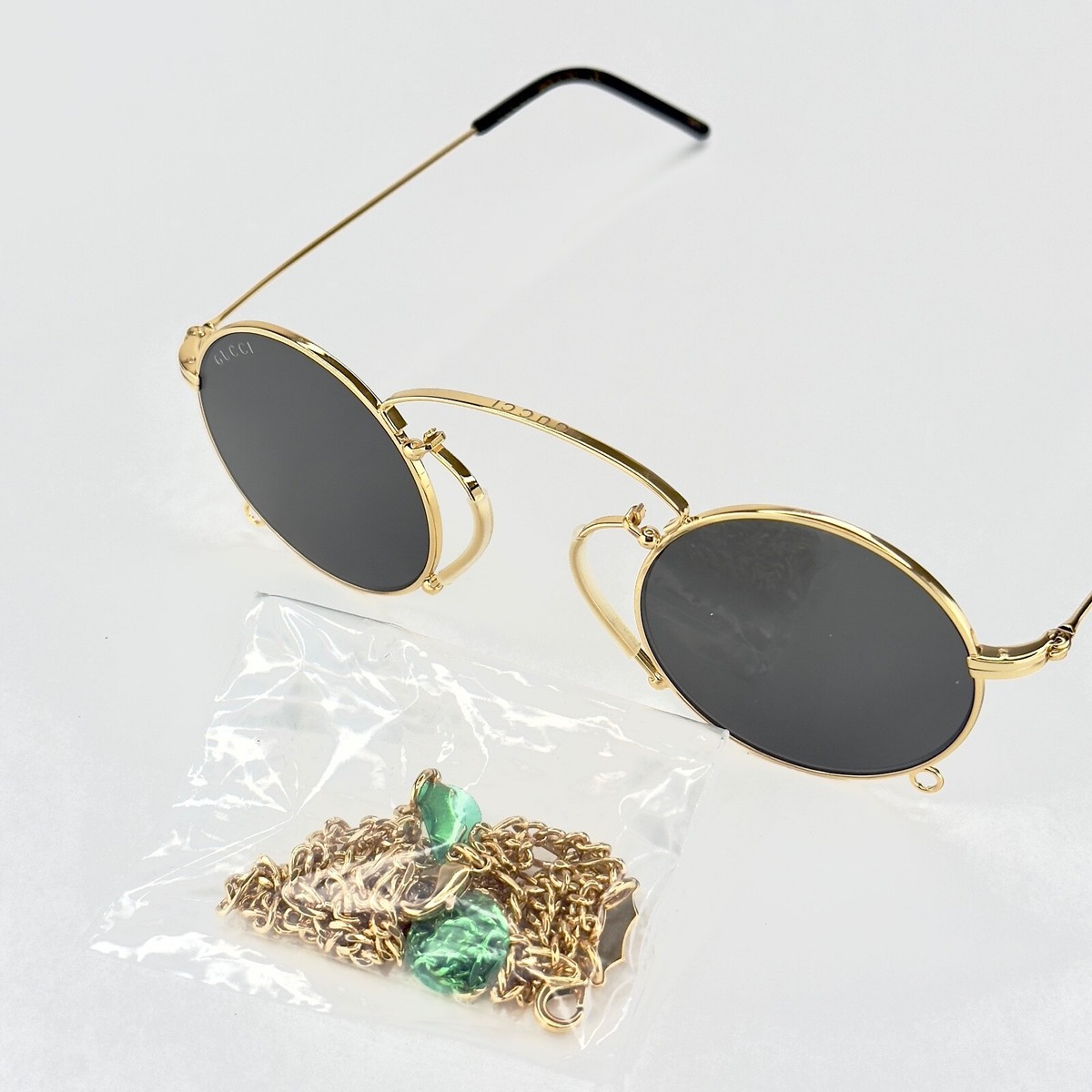 小物 GUCCI Unisex Vintage Designer Sunglasses GUCCI GG0991S ARIA Pinke-nez 0991 Black Gold Chain 002 Retro