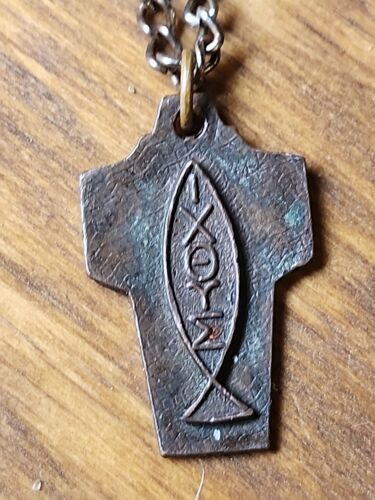 Vintage Fish Greek Letters Linear Drop CROSS Pendant - Picture 3 of 6