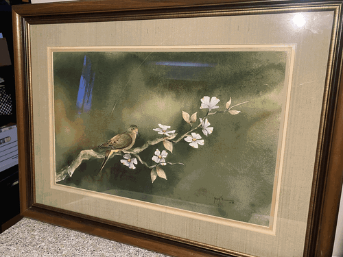 Vintage Orig Watercolor, Dove on Branch Yeackle, 1983 23.5" x 31.5” Framed/Mat