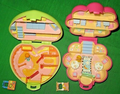2 x POLLY POCKET Vintage Puppenhäuschen + Mini-Figuren rosa+grün SAMMLERSPIELZEU