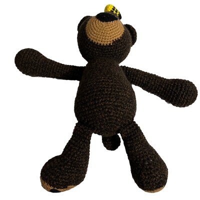 Vintage Brown Crocheted Yarn PLUSH 17  LARGE  CUTE TEDDY BEAR w/ Bee Handmade