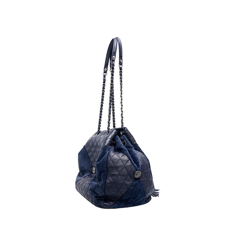 Chanel Blue suede patchwork black chain bucket bag | eBay