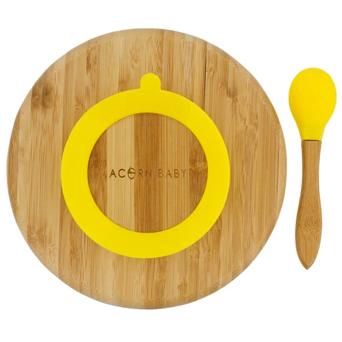 Acorn Baby Bamboo Toddler Plates with Spoon in Yellow - Baby Plates with Suction - Picture 7 of 8