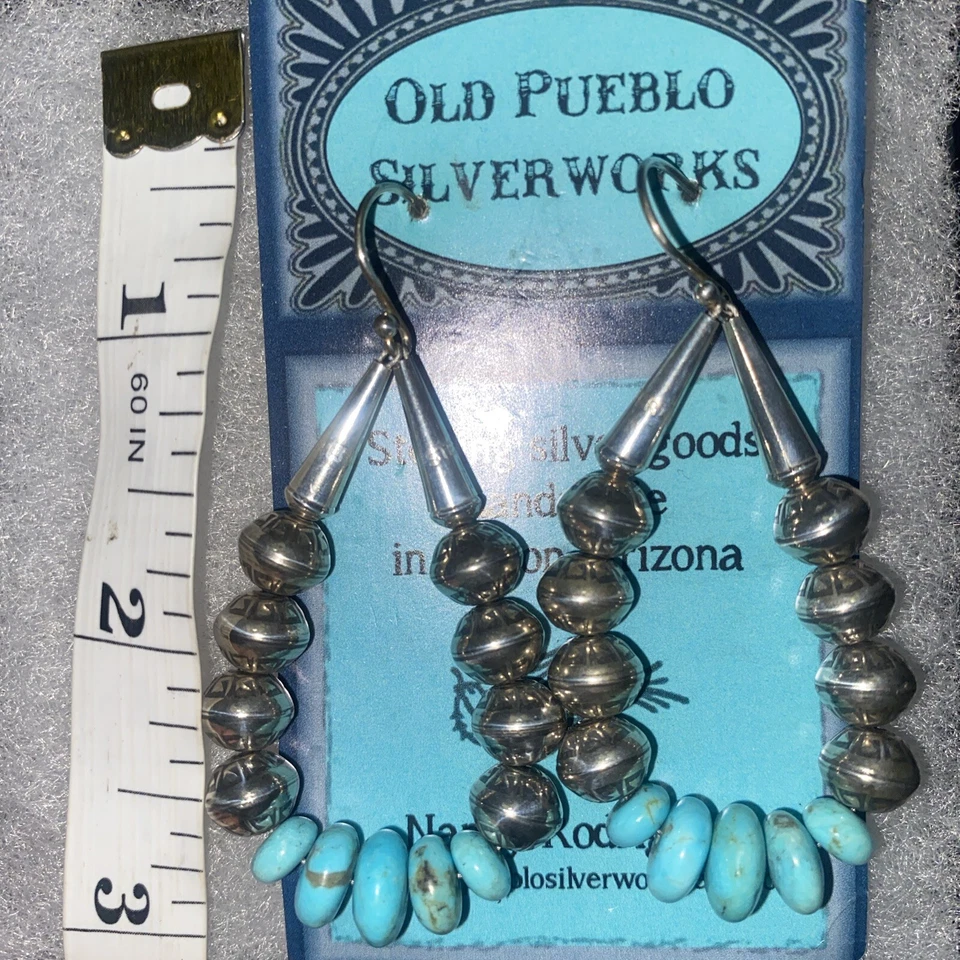 Pendientes colgantes hechos a mano personalizados de turquesa y plata con cuentas / 100% auténticos    Foto 2 de 4