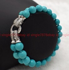 Pretty 2Row Natural 6/8/10mm Blue Turquoise Round Gemstone Beaded Bracelet 7.5in