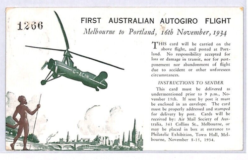 AUSTRALIA Air Mail Card AUTOGIRO FLIGHT Portland NZ Carterton 1934 YM155 - Picture 2 of 10