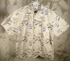 AFTCO Bluewater Guy Harvey Hawaiian Shirt Mens SZ M Ivory School Of Tuna Fish