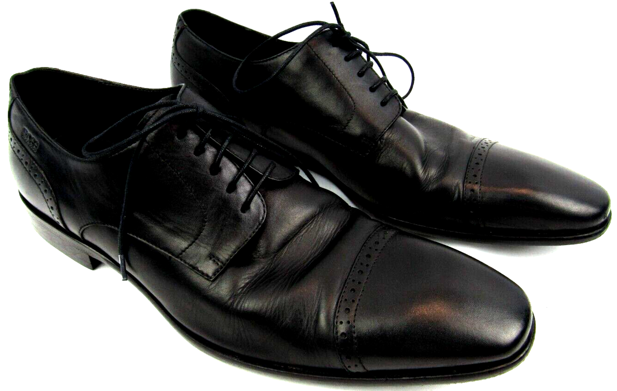 HUGO BOSS cap toe lace up shoes BOSS - Cap-toe Derby shoes in grained leather - Dark Brown main image 3
