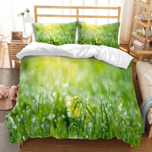 Leaves Duvet Cover Sets Quiet Morning Dewdrop Green Grass Bedding Sets with Zipp - Picture 1 of 4