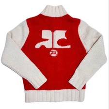 Courreges 21 Knit Sweater Jacket Cardigan Red Off White Wool Vintage Women SizeM