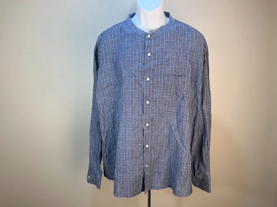 UNTUCKit Men's blue & white check banded collar 100% Linen l/s shirt 3XLC XXXL - Image 2 of 4