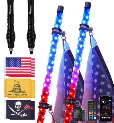 2/3/4/5/6FT RGB Spiral LED Whip Lights Antenna Chase W/ Flag&Remote for ATV UTV