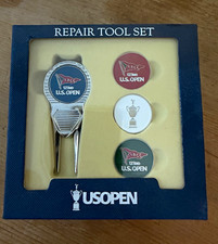 US Open Metal 2-Prong Divot Repair Tool Set w/ 3 Ball Markers Silver/Blue