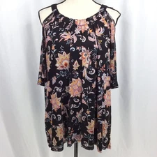 NAIF Cold Shoulder Top Womens Plus Size 2X Floral Mesh Stretch Black High Neck