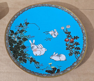 Antique Japanese Cloisonne Enamel Copper/Bronze Charger Plate with Rabbits