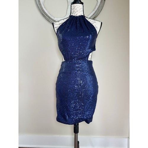 Navy Blue Sequin Mini Dress Size L Halter Neck Open Back Stretchy Party Cocktail - Picture 3 of 7