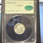 1935-D Mercury Dime 10c PCGS Rattler MS65 Old Green Rattler Holder CAC