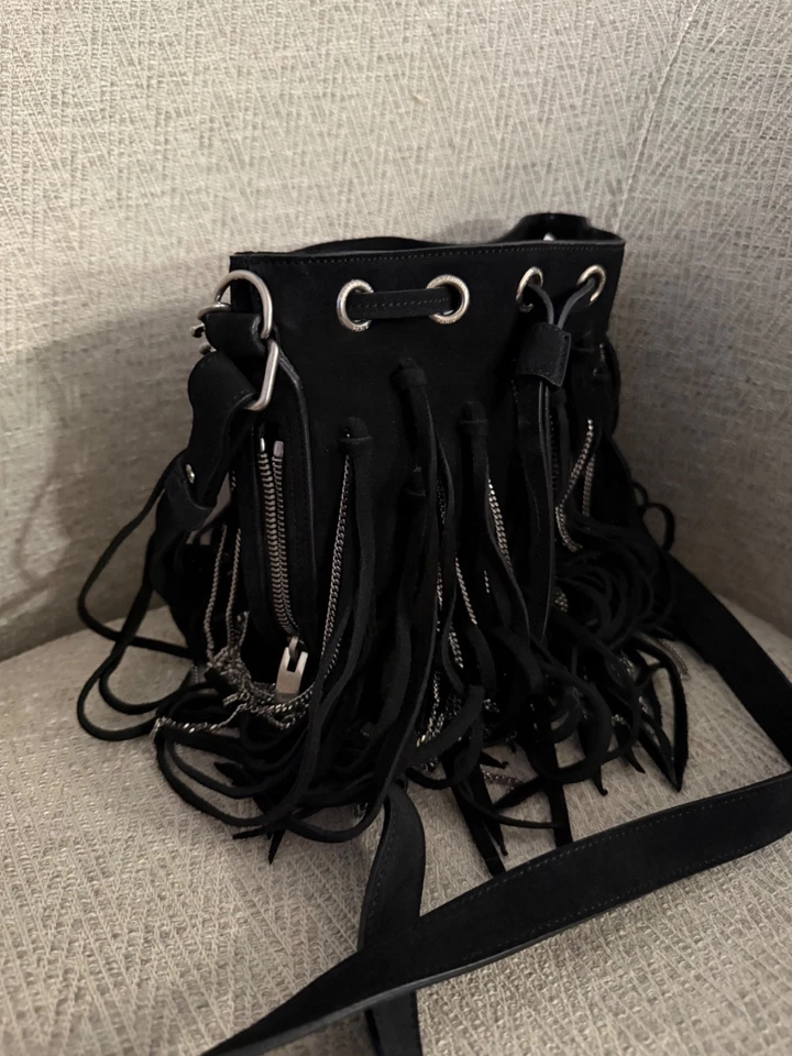 Saint Laurent Suede Chain Bucket Bag with Suede Fringe Detail - Image 2 of 4