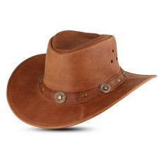 Brown Genuine Leather Cowboy Hat Western Outback Ranch Biker Style Unisex