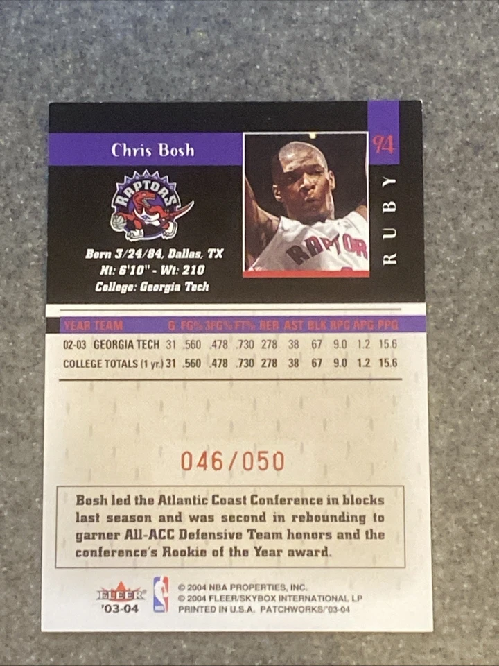 #’d 46/50 Chris Bosh Ruby Parallel Rookie 2003-04 Fleer Patchworks #94 - Image 2 of 4