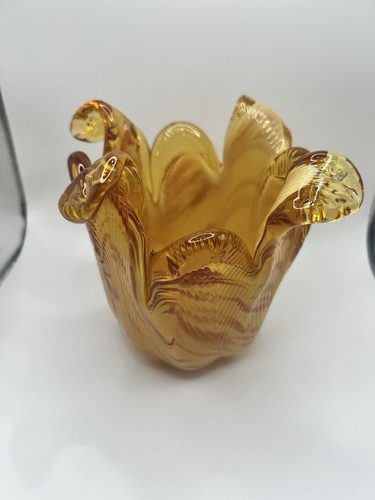 Murano White Crystal Glass Bowl Marbled Amber Heavy Handmade Italy - Picture 1 of 13