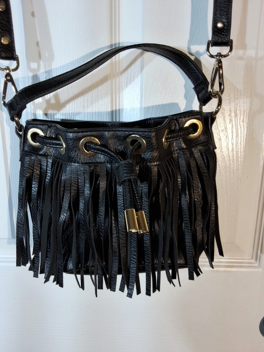 RARE!!! Genuine Full-Grain Leather Fringe Bucket bag/Drawstring Festival bag Leather Drawstring Bucket Bag: Beaded Fringe, Turquoise Trim  main image 2