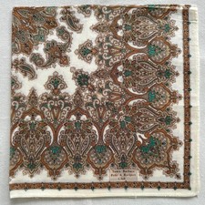 Handkerchief Vintage Beige Cotton Brown Damask Paisley Motifs Pocket Square 17"