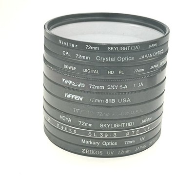 Lot of Ten 10 72mm Screw-In Lens Filters Skylight UV 81B FLD PL Haze