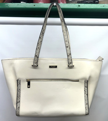 Kate Spade Structured Work Zip Top Ivory Leather Tote Snake Print Handles/Trim