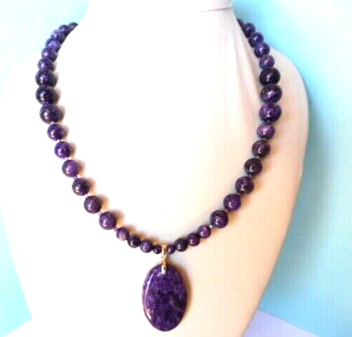 Collier charoite véritable 212 carats et bijoux argent massif 46 cm