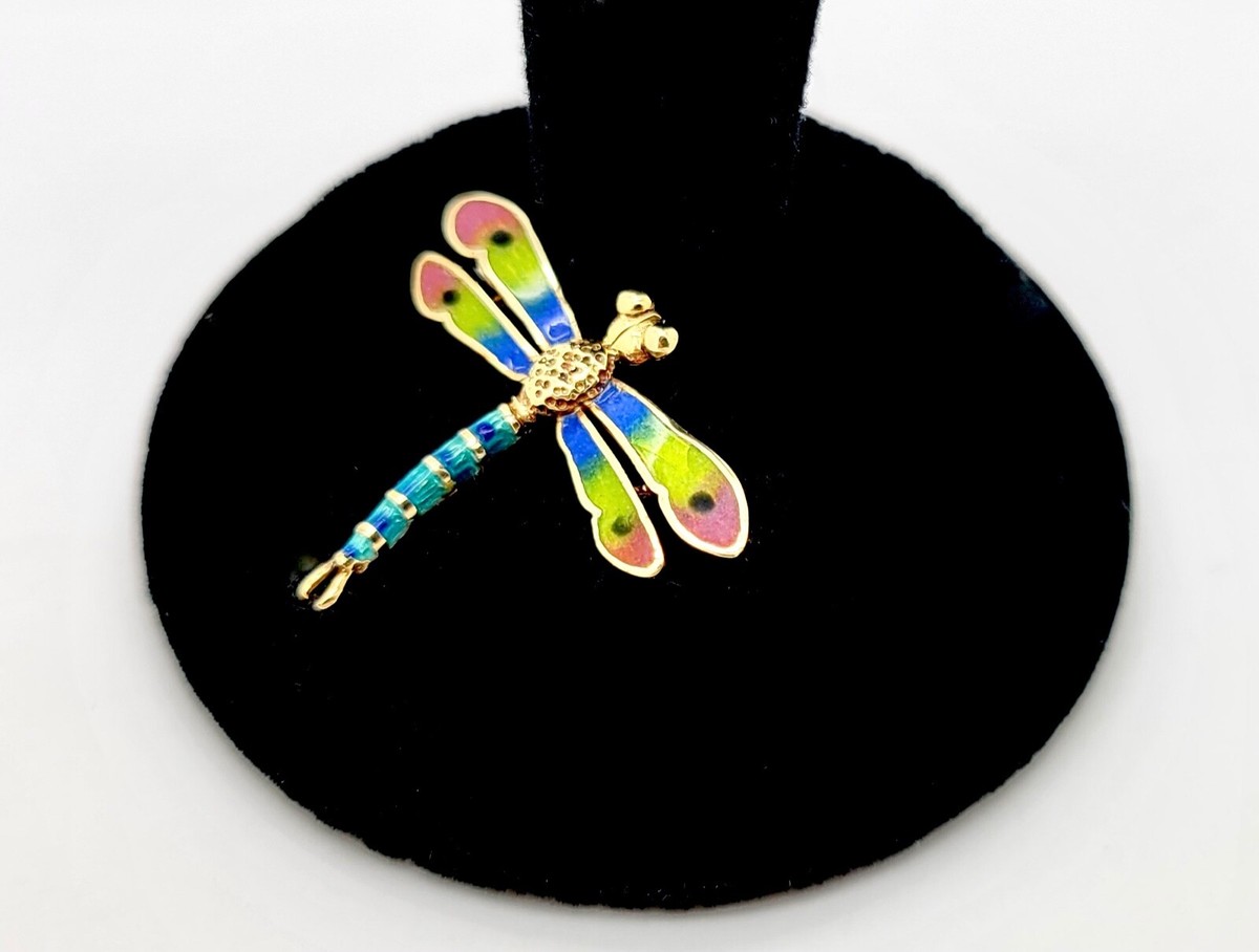 FINE MULTI-COLOR ENAMEL 14K GOLD BUG EYED DRAGONFLY PIN,1 1/8