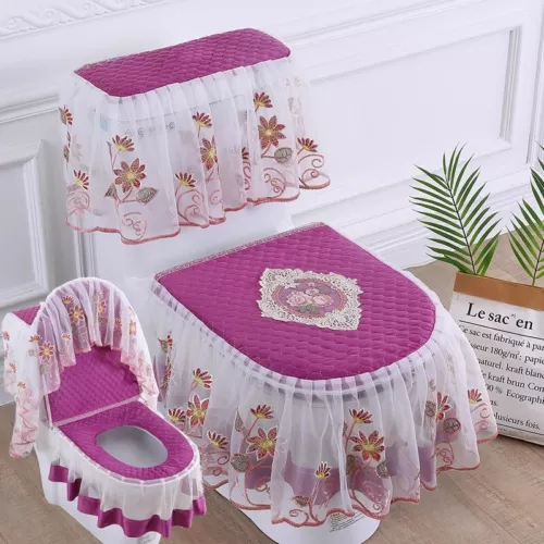 3 Pcs/set Floral Lace Mesh Velvet Toilet Seat Cover Zipper Lid Pads Protector - Picture 10 of 24