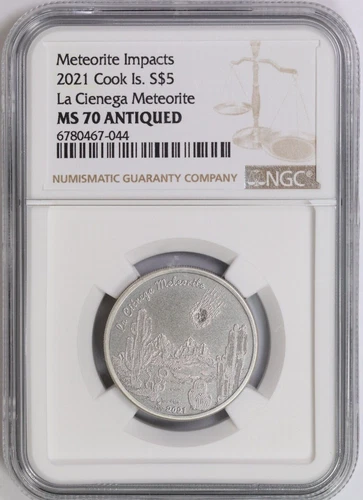 2021 NGC Cook Islands $5 Meteorite Impacts La Cienega Silver Coin MS70 Antiqued