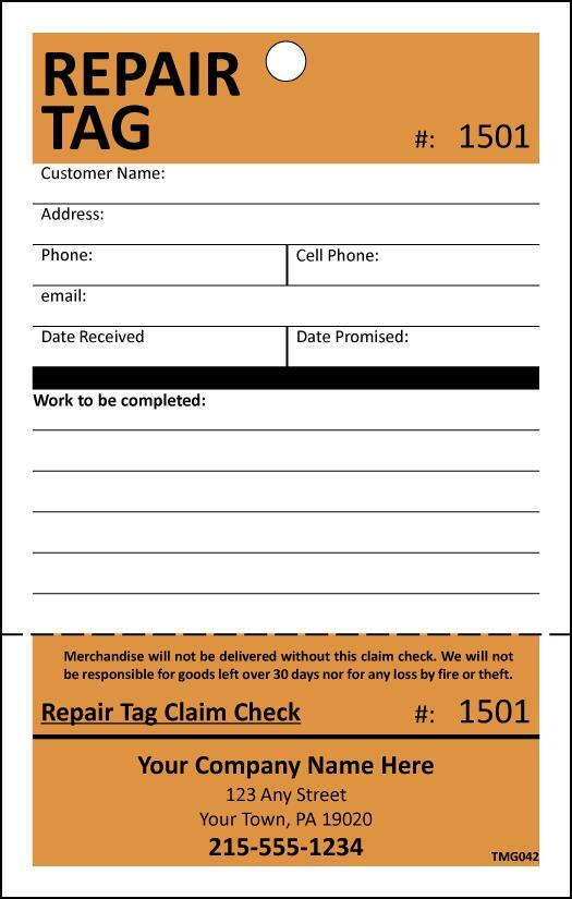 100 Repair Tags, Service Department Tags with Detachable Claim Check TMG042