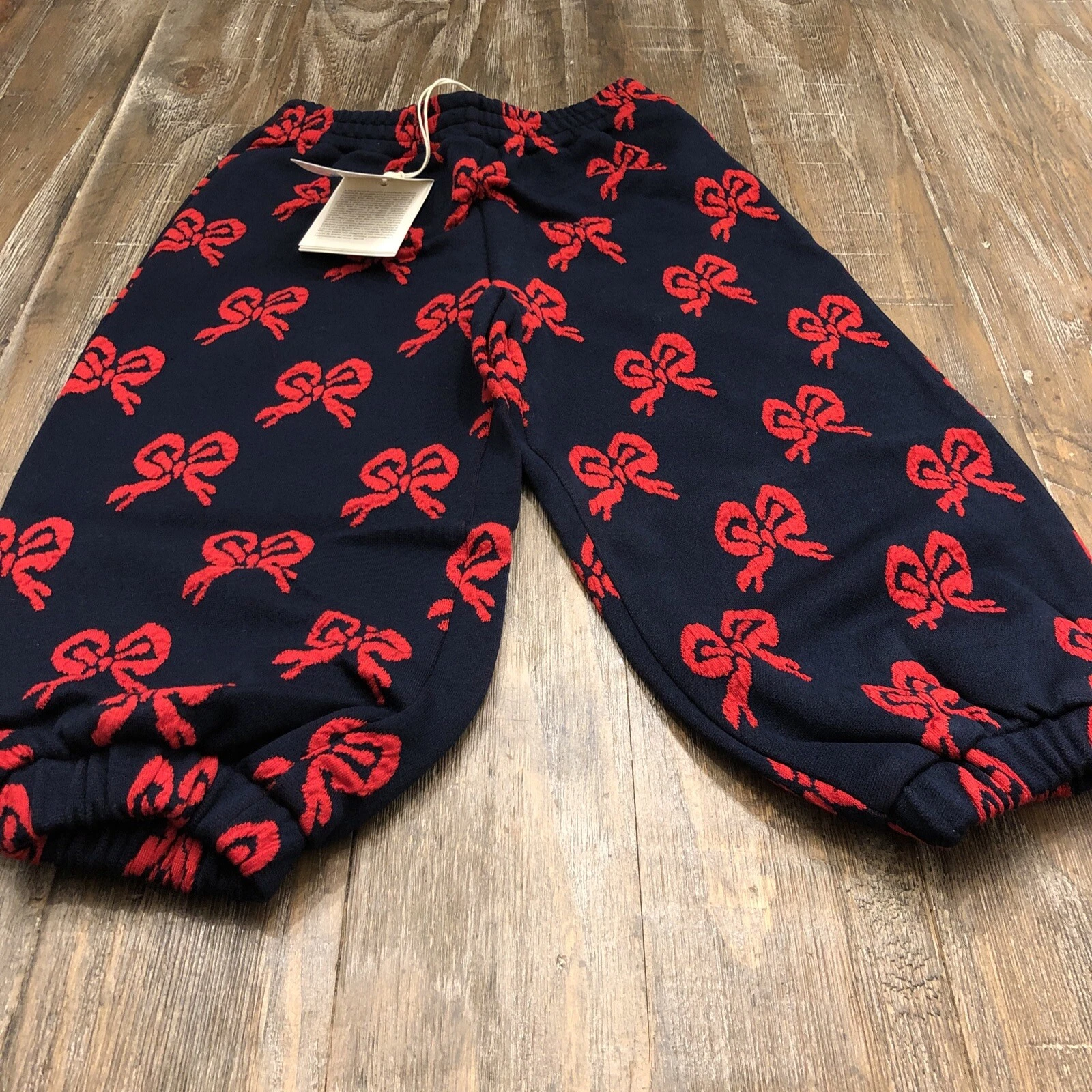 Gucci Girls Blue & Red Bow Cotton Sweatpants   Size: 6 9 Month Infant