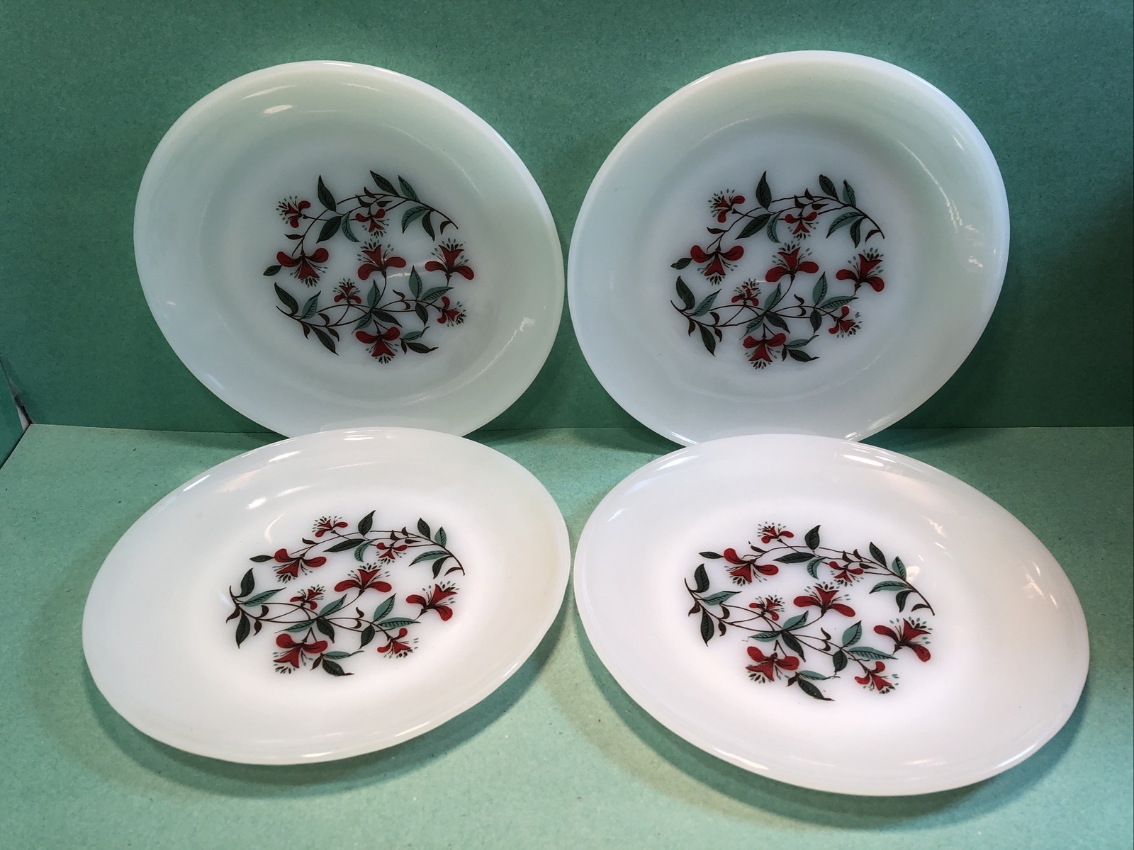 Vintage 4 Fire King Honeysuckle Milk Glass Plates Red Floral Salad Snack Dishes