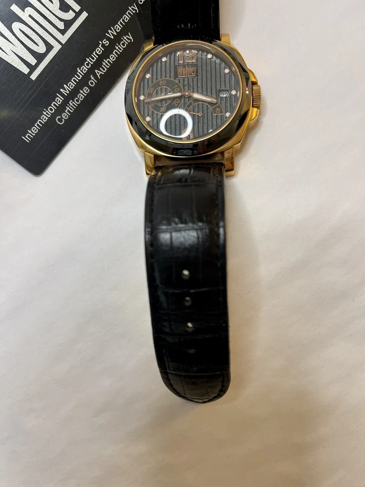 Hermoso reloj trasero WOHLER GOETHE para hombre automático negro/oro rosa All-SS WR 50m  Foto 4 de 4