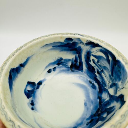Antique Japanese Blue and White Arita Pedestal Bowl Sake Cup Washer Crane Motive - Picture 10 of 12