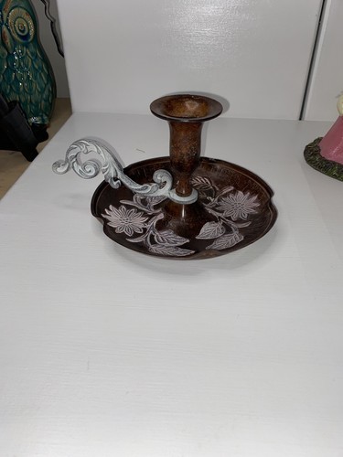 Candle Stick Etched With Flowers made in India Chambermaid Type 4” Wood - Picture 10 of 11