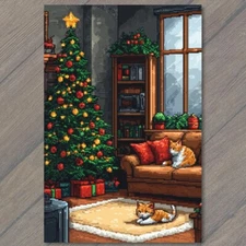 POSTCARD Festive Cats Christmas Tree Cozy Living Room Holiday Fireplace 8 Bit