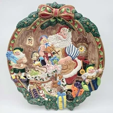 Vtg Fitz & Floyd Christmas Santa Platter 3D Gnomes Toys Presents Red Ribbon 1996