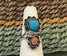 VTG Native American Sterling Silver Bezel-Set Turquoise Coral Ring..Size 7