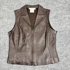Casual Corner Leather Vest Zip Front Ribbed Back Womens Size M Brown Leather EUC
