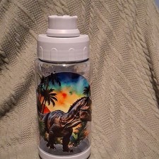 Kids 12 oz White/Clear Plastic Water Bottle T-Rex Dinosaur Flip-Top Lid Handle