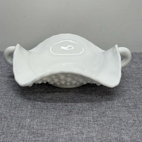 Vintage Small White Fenton Hobnail Milk Glass Ruffled Bowl with 2 handles
