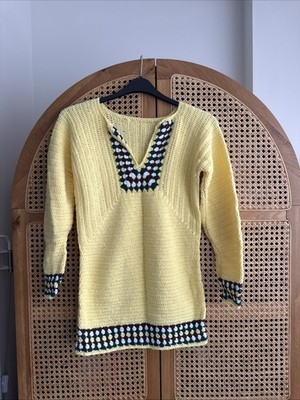 Handarbeit Häkelkleid Pullover V-Ausschnitt Langarm gelb M 10 Granny Square Deta