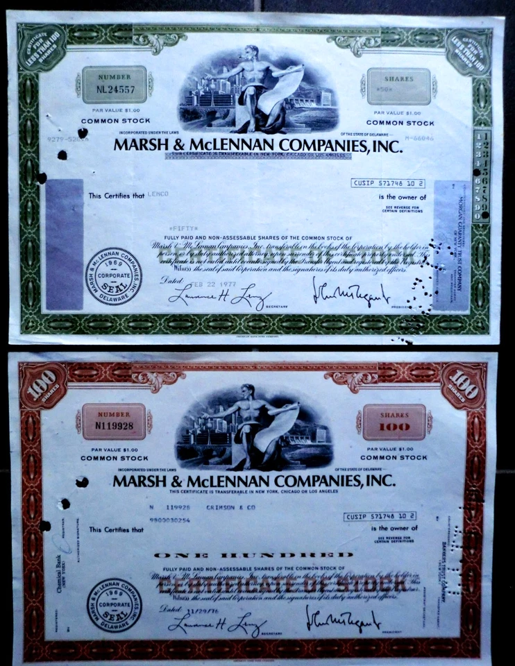 2 x Marsh & McLennan Companies Inc., 1976/77 (100 Shares braun/50 Shares oliv) - Bild 1 von 1
